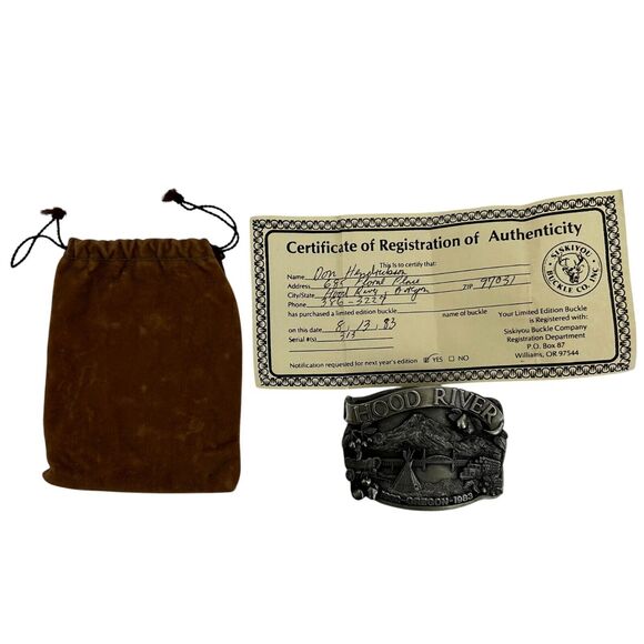 Hood River Oregon 1983 Commemorative Belt Buckle Teepee Covered Wagon Log Truck - Picture 1 of 5